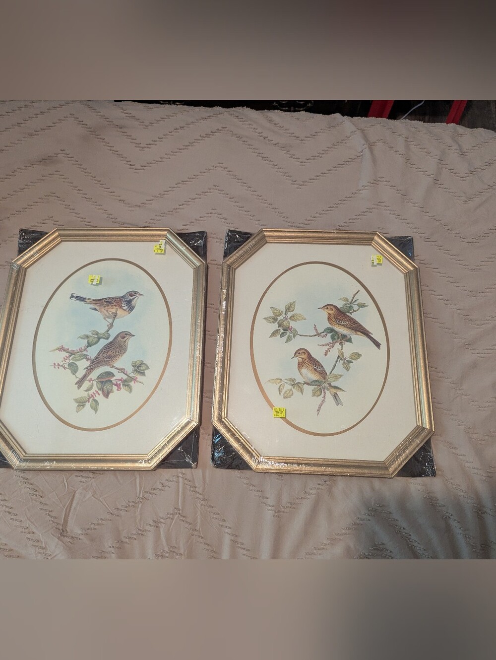 Vintage Mid Century Birds Print Art Octagonal Gold Frame Solid Wood 18x15 Sealed